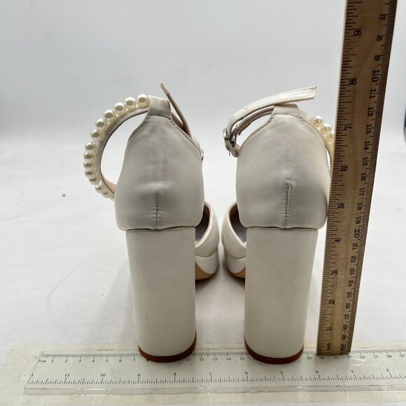 White Women's Pearls Ankle Strap Block Heels Platform Closed Toe Evening Shoes - Picture 4 of 7